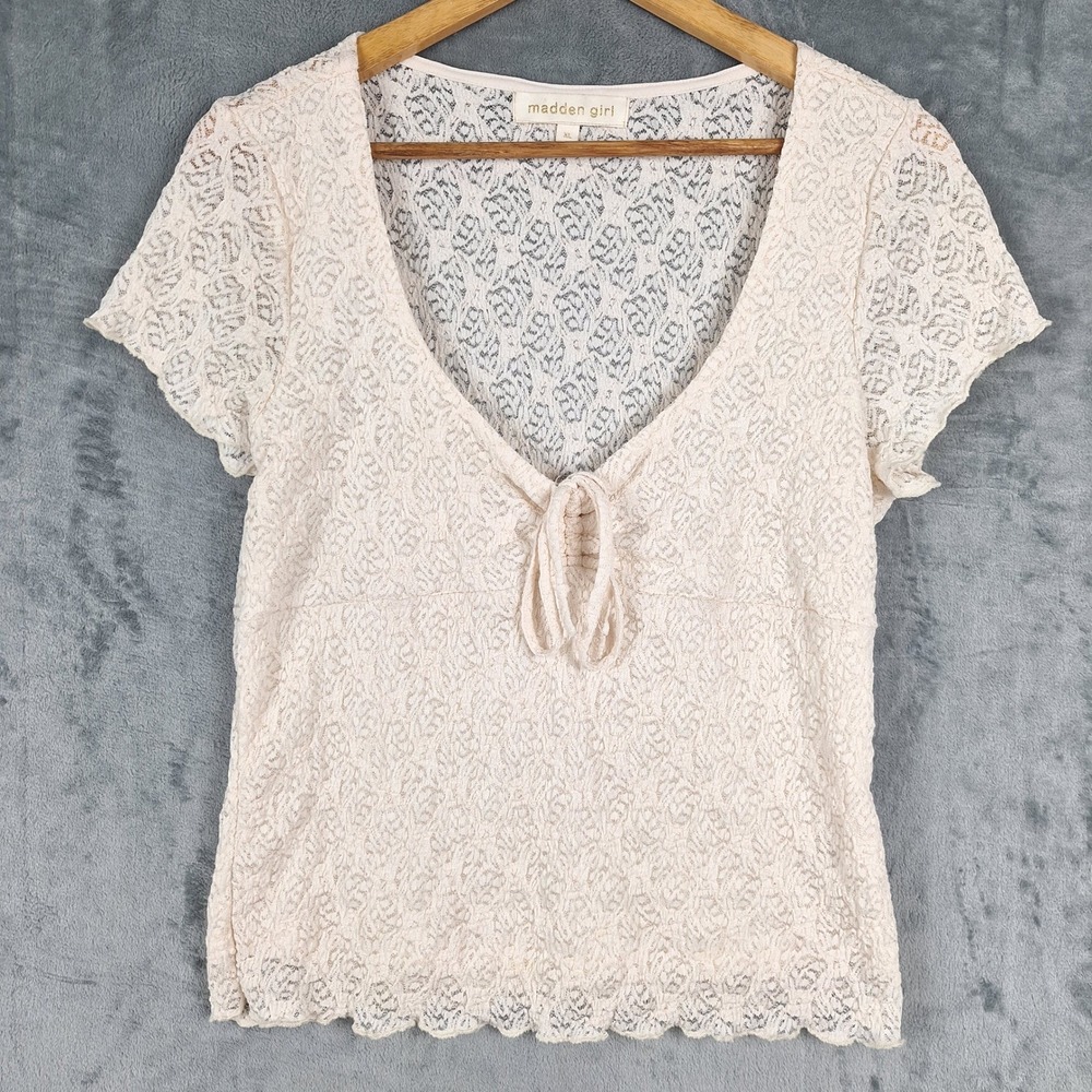 Womens Top XL Babydoll Y2K Floral Lace Coquette Fairy Tie Front Romantic Dainty